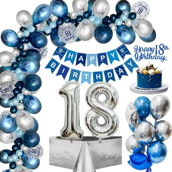 18th Birthday Decorations for Boy, Navy Blue Silver Garland Kit Birthday Balloons Party Decorations with 18th Happy Birthday Banner, Confetti Number 18 Foil Balloons
