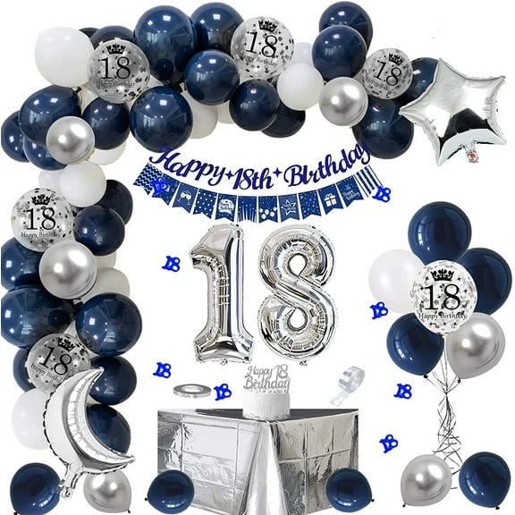 18th Birthday Decorations for Boys and Girls, Happy 18th Birthday Balloons Garland Arch Kit 18 Years Old Party Supplies 81 Birthday Decor 81st Bday Women Her Blue Silver