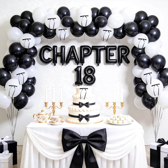 Chapter 18 Black White Foil Latex Balloon Arch Kit Satin Bow Accent Decor For Elegant Adult 18 Milestone Coming Of Age Group Celebration Photo Backdrop