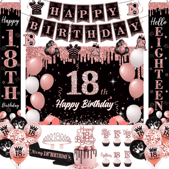 Happy Greetings 18th Birthday Party Decorations Kit Rose Gold and Black with Crown Sash Backdrop Balloons 45-Piece