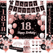 Happy Greetings 18th Birthday Party Decorations Kit Rose Gold and Black with Crown Sash Backdrop Balloons 45-Piece