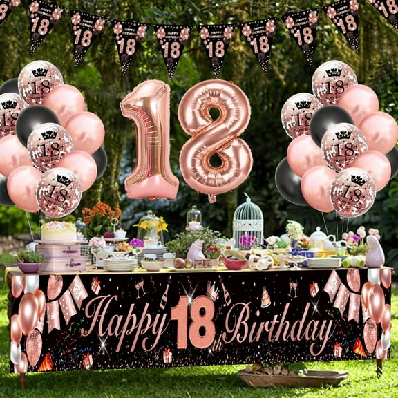 18th Birthday Decorations for Girls, 18th Birthday Decoration Kit with Rose Gold Happy 18th Birthday Banner, Black Rose Gold Balloons Confetti Balloons, Number 18 Balloon Triangle Flag Banner