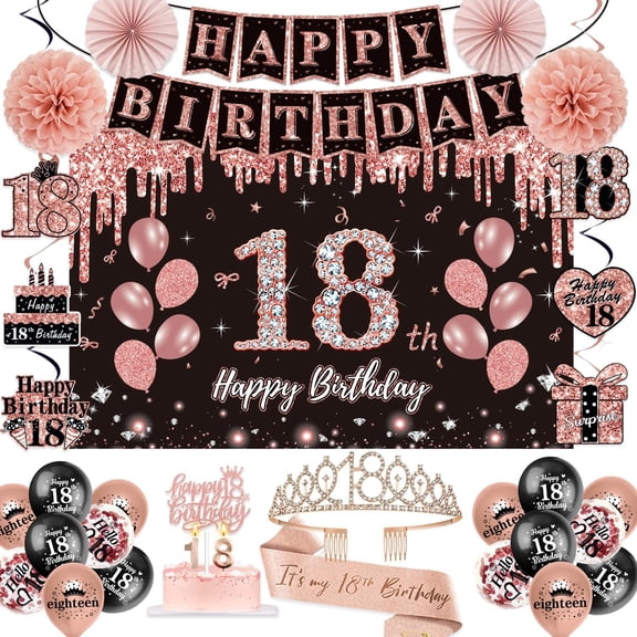 18th Birthday Decorations for Girls,52Pcs PRE-STRUNG Rose Gold Black Party Set-18 Years Old Crown and Sash,Banner,Hanging Swirl,Backdrop Decor,CakeTopper,Age Candle, Balloons, Pom Poms,PRE-ASSEMBLED