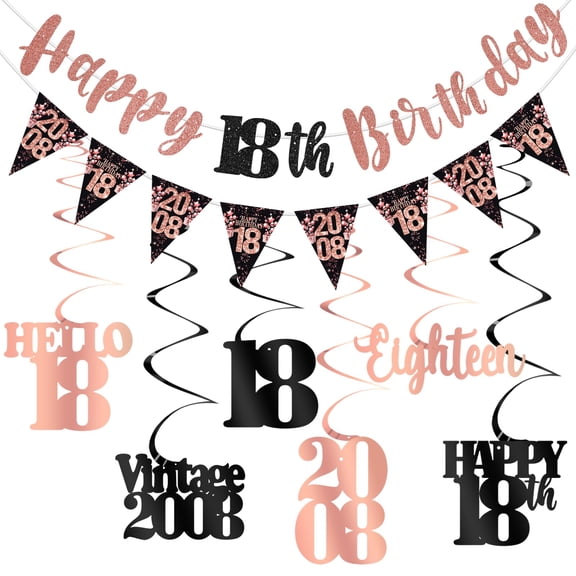 18th Birthday Decorations for Girls, Black Rose Gold Happy 18th Birthday Banner Hanging Swirls Vintage 2008 Birthday Decorations Kit Hello 18 Party Supplies