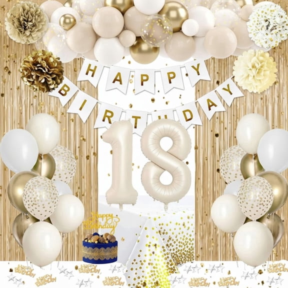 18th Birthday Decorations for Girls, Gold Happy 18th Birthday Decorations White and Gold Balloons Happy Birthday Banner Tablecloth Fringe Curtain Cake Topper Paper Pom Poms Boys Girls 18 Year Old Bda