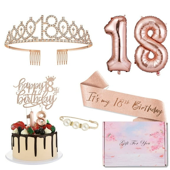 18th Birthday Decorations for Girls,Including Rose Gold 18st Birthday Sash with Pearl Pin,Crown,Cake Topper,Candles,Balloons Set,Accompanying Beautiful Gift Box, 18 Year Old Gifts for Girls