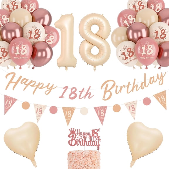 18th Birthday Decorations for Girls, Retro Blush Pink Balloons, 18th Birthday Banner, Unique Triangle Flag Banner, 18th Birthday Balloons, Rose Gold White Sand Nude Balloon Set