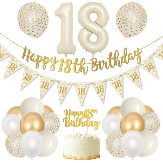 YANSION Happy 18th Birthday Decorations with Confetti Balloons, Beige Gold 18 Birthday Balloon Kit Party Supplies for Girls Women, Sand White Gold Eighteen Year Old Bday Decor
