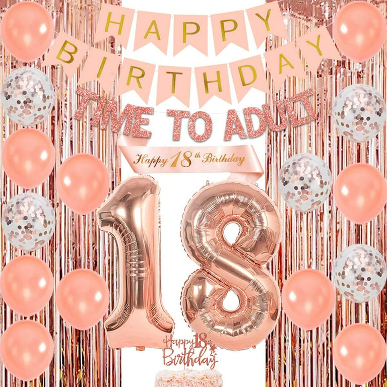 18th Birthday Decorations for Girls Rose Gold, Happy 18 Birthday Decorations  Banner with Number 18 Foil Balloon, Fringe Curtain Backdrop, Latex Confetti  Balloons and Cake Topper for Women Anniversary 
