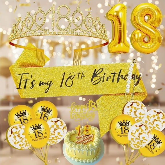 18th Birthday Decorations for Her Girls Set, Include 18th Birthday Crown and 18 Sash, 18th Birthday Cake Topper and 18 Birthday Candles, Gold 18 Balloons, Women 18th Party Supplies(Gold)