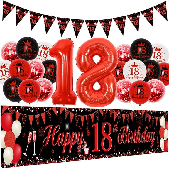 18th Birthday Decorations Red and Black for Boys Girls, 18th Birthday Party Supplies with Happy 18th Birthday Yard Banner 9.8 x 1.6ft Confetti Foil Balloons Triangle Flag for Eighteen Birthday Decor