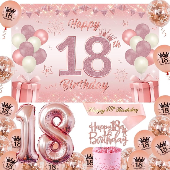 18th Birthday Decorations Rose Gold, 18th Birthday Backdrop Rose Gold, Glitter 18 Cake Topper, Rose Gold Happy 18th Birthday Sash, 18 Foil Number Balloons, Happy 18th Birthday Decorations for Girls