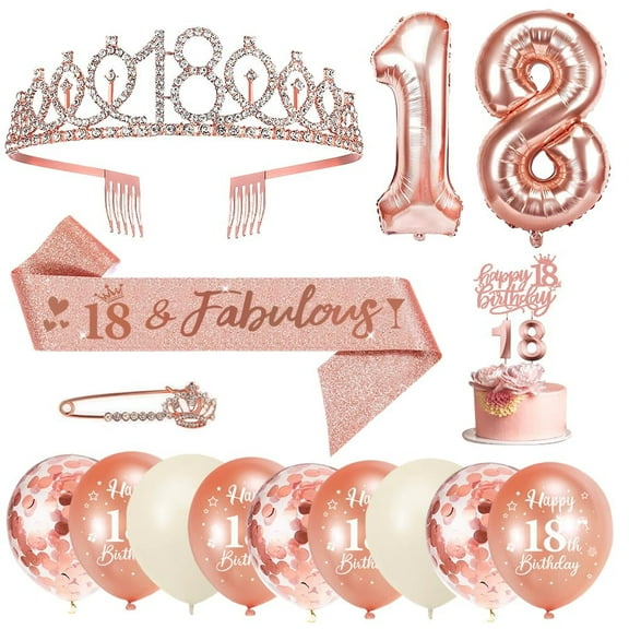 18th Birthday Decorations for Women, Rose Gold 18th Birthday Sash and Tiara Cake Topper Number 18 Candles Balloons Rhinestone Pin, 18th Birthday Gifts