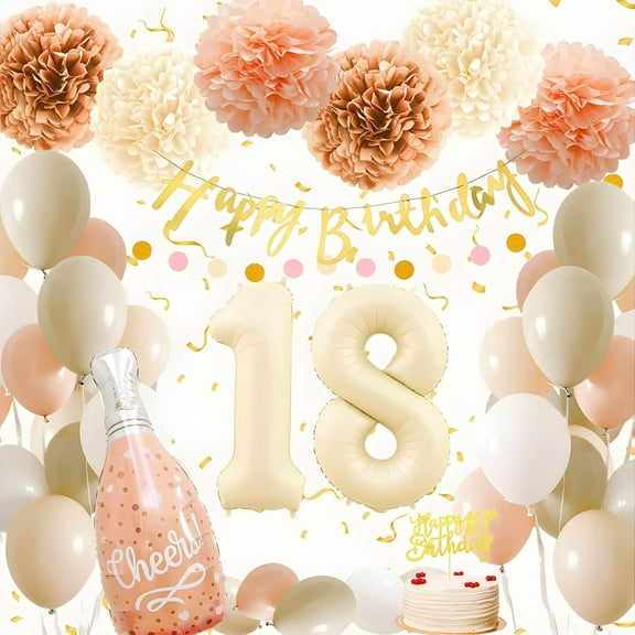 18th Birthday Decorations for Girls, 18th Pink Birthday Party Balloons for Her,18th Happy Birthday Banner, Beige Pink Balloons for Women Girls