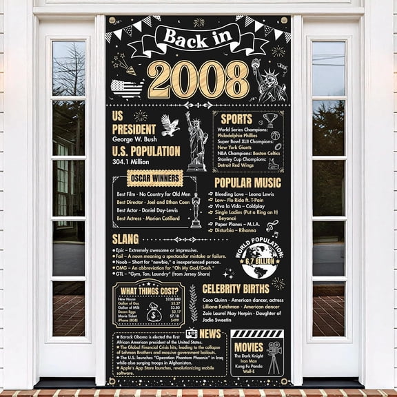 18th Birthday Decorations for Girls Boys, Back in 2008 Black Gold Retro Door Banner, Happy 18th Birthday Door Cover Backdrop Party Supplies