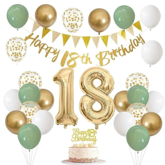 18th Birthday Decorations for Her Him, Happy 18th Birthday Banner With Flag Foil Balloon, Sage Green White Gold Balloons