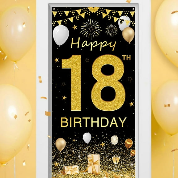 18th Birthday Door Banner Backdrop, Happy 18th Birthday Decorations for Girls Boys Black Gold, 18 Years Old Birthday Party Photo Props Yard Sign for Outdoor Indoor