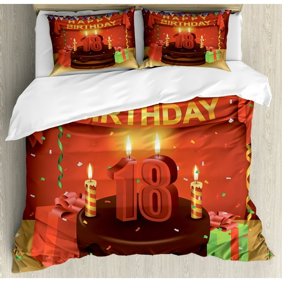 18th Birthday Duvet Cover Set, 18 Happy Birthday Party with Curtains Cakes Baloons Adulthood Image, Decorative 3 Piece Bedding Set with 2 Pillow Shams, King Size, Red and Burgundy, by Ambesonne