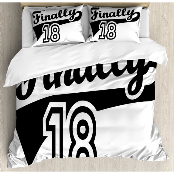 18th Birthday Duvet Cover Set Queen Size, Finally Eighteen Quote Basketball Logo Icon Seemed Sports Movement Image, Decorative 3 Piece Bedding Set with 2 Pillow Shams, Black and White, by Ambesonne