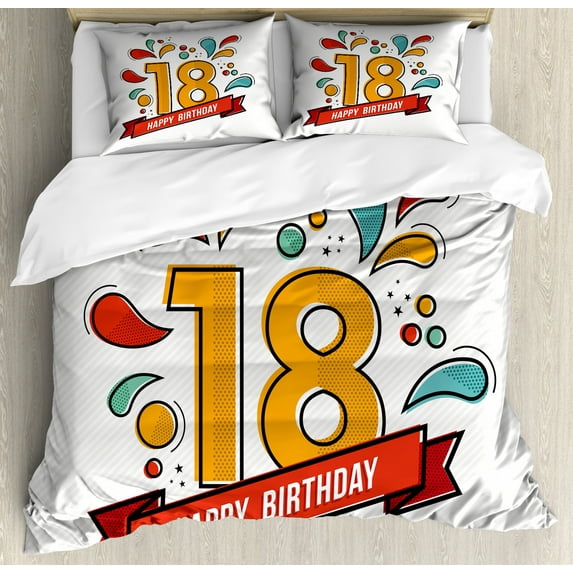 18th Birthday Duvet Cover Set Queen Size, Multicolored Digital Print on Eighteen Years Happy Birthday Lettering Print, Decorative 3 Piece Bedding Set with 2 Pillow Shams, Multicolor, by Ambesonne