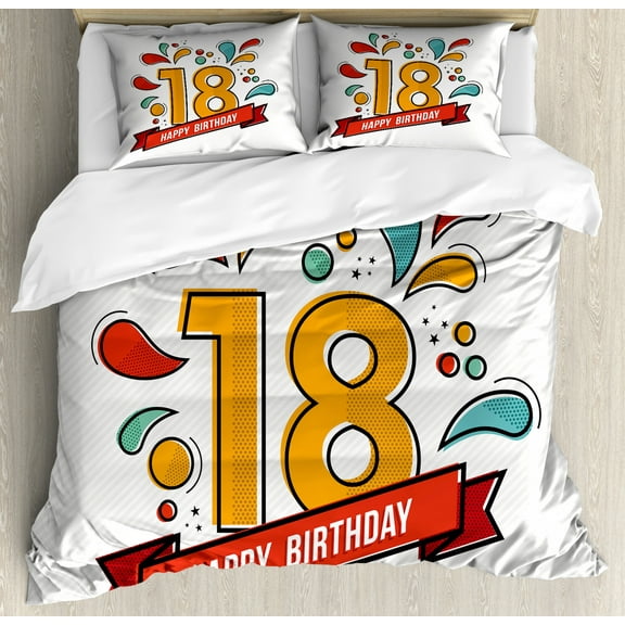 18th Birthday Duvet Cover Set Queen Size, Multicolored Digital Print on Eighteen Years Happy Birthday Lettering Print, Decorative 3 Piece Bedding Set with 2 Pillow Shams, Multicolor, by Ambesonne