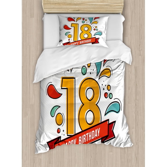 18th Birthday Duvet Cover Set Twin Size, Multicolored Digital Print on Eighteen Years Happy Birthday Lettering Print, Decorative 2 Piece Bedding Set with 1 Pillow Sham, Multicolor, by Ambesonne