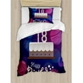 thumbnail image 1 of 18th Birthday Duvet Cover Sets, Cartoon Birthday Party Cake with Candles Vibrant Abstract Backdrop, Bedding Set with 2 Duvet Covers & 2 Pillowcases, 2 Pack Twin Size, Purple and Lilac, by Ambesonne, 1 of 3