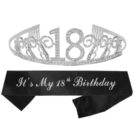 MEANT2TOBE 18th Birthday Sash and Tiara for Women - Fabulous Set: Glitter Sash + Waves Rhinestone Silver Premium Metal Tiara, 18th Birthday Gifts for Women Party