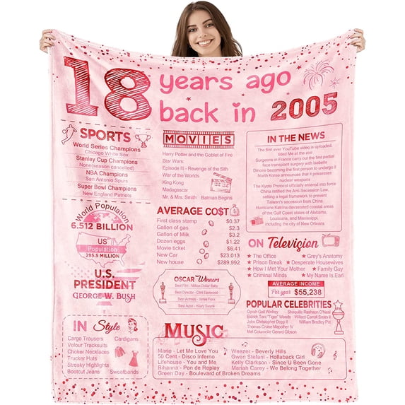 18th Birthday Gifts for Girls Happy 18th Birthday Decorations for 18 Year Old Girl Birthday Gift Ideas for Daughter Sister Bestie Soft Throw Blanket Back in 2005 - 60x50 Inch - Pink