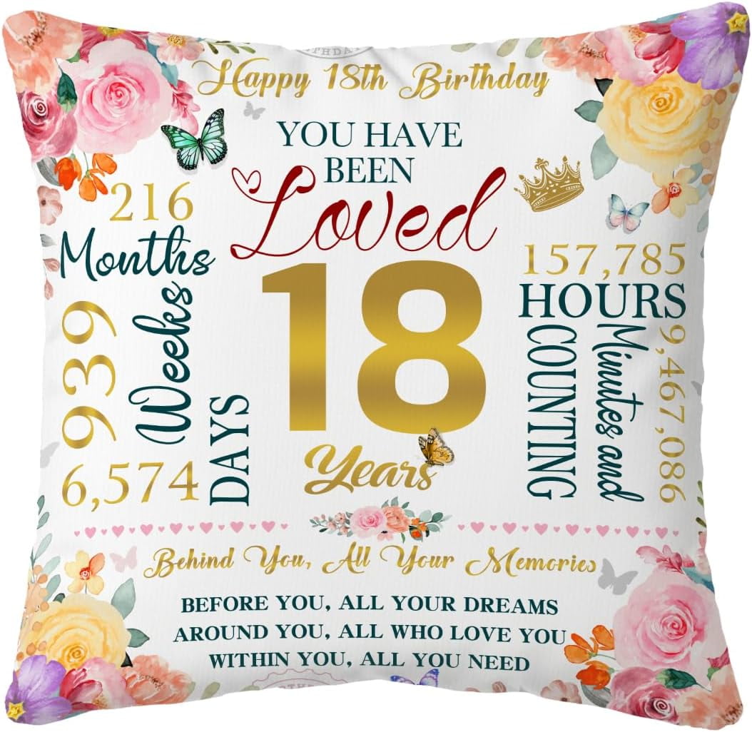 18th Birthday Gifts for Girls Throw Pillow Covers 18x18 Inch 18 Year ...