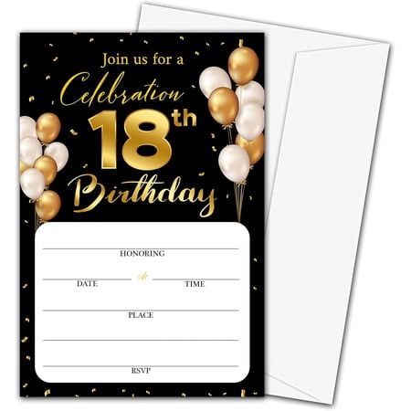 18th Birthday Invitation Cards with Envelopes - Classic Gold Theme Fill in The Blank Birthday Party Invite Cards, for Man, Woman Young People Banquet Party Supplies, 20 Invites With Envelopes - B7