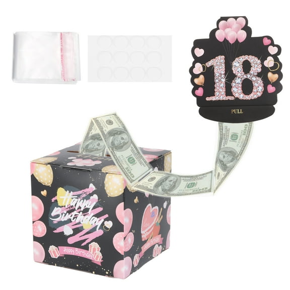 18th Birthday Money Box for Cash Gift, Birthday Money Pull Box with 100pcs Transparent Bags for Birthday Surprise Card Party Decorations Women Girl Best Friend, Pink