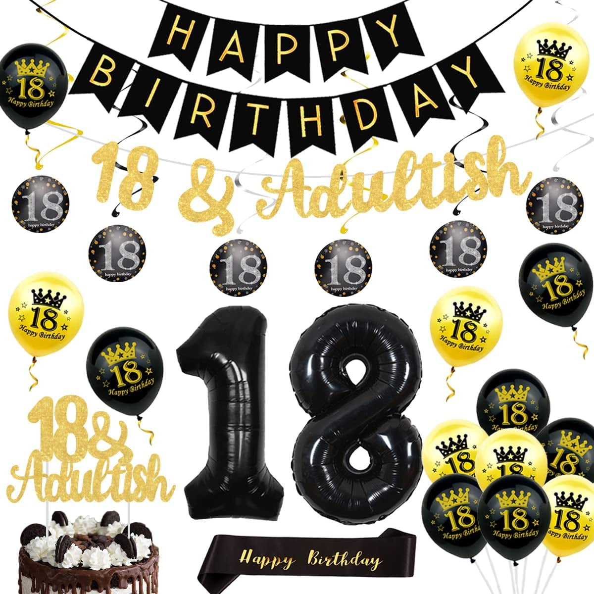 Happy Birthday Design Crown Black White Gold Cake Topper Banner Party  Decoration