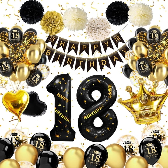18th Birthday Party Decorations, Black Gold Party Supplies with Birthday Banner Crown Confetti Balloons for 18 Year Old Birthday Background