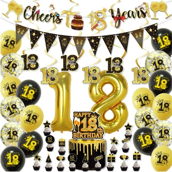 18th Birthday Party Decorations, Boriyuan 46 Pcs Black Gold Party Supplies, Banner, Hanging Swirls, Balloons, Cake Topper Decoration, 18 Year Old Set