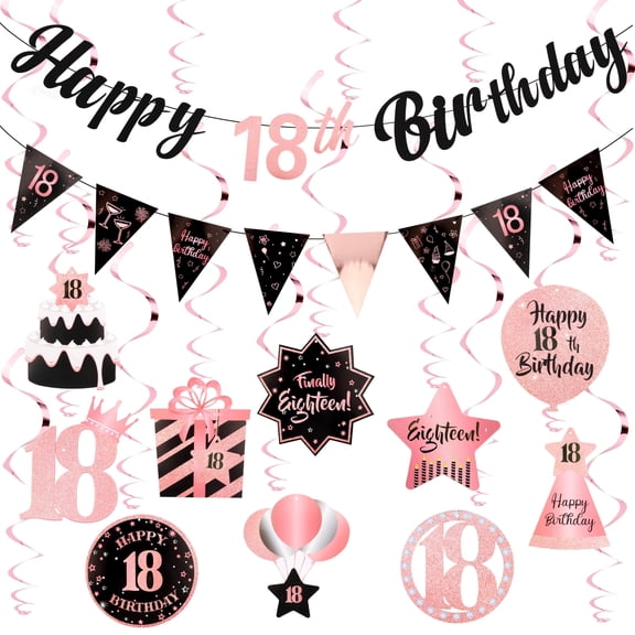 18th Birthday Party Decorations Rose & Gold Banner Set with 10 Hanging Swirls Paper Material