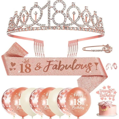 AYUQI 18th Birthday Party Decorations for Girls, Rose Gold Beige Birthday Balloon, Birthday Crown Sash Tiara, Rhinestone Headband, Cake Topper