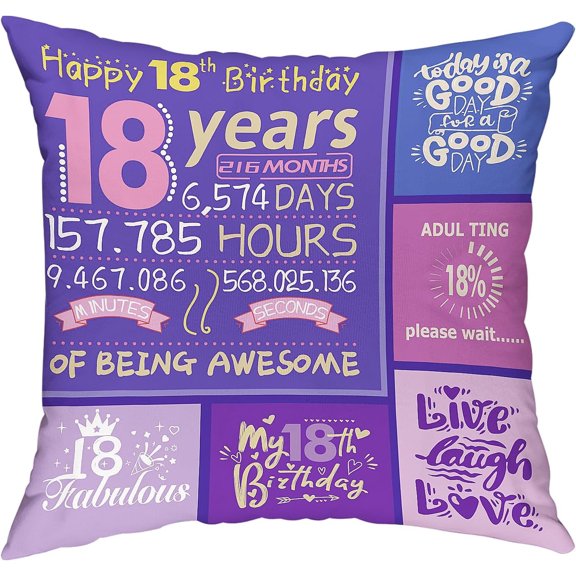 18th Birthday Pillow Covers Gifts for Girl Happy Birthday Decorations for 18 Year Old Girl Birthday Gift Ideas Throw Pillow Covers 18 x 18 inch