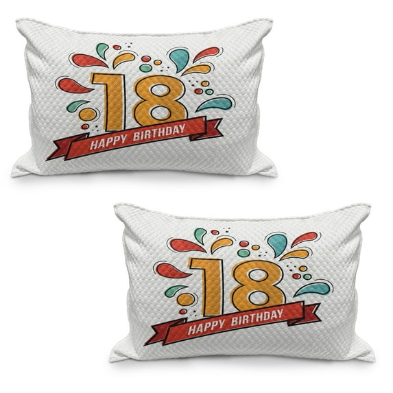 18th Birthday Quilted Pillowcover Set of 2, Multicolored Digital Print on 18 Years Happy Birthday Lettering Print, Standard Queen Size Pillow Cover for Bedroom, 30" x 20", Multicolor, by Ambesonne