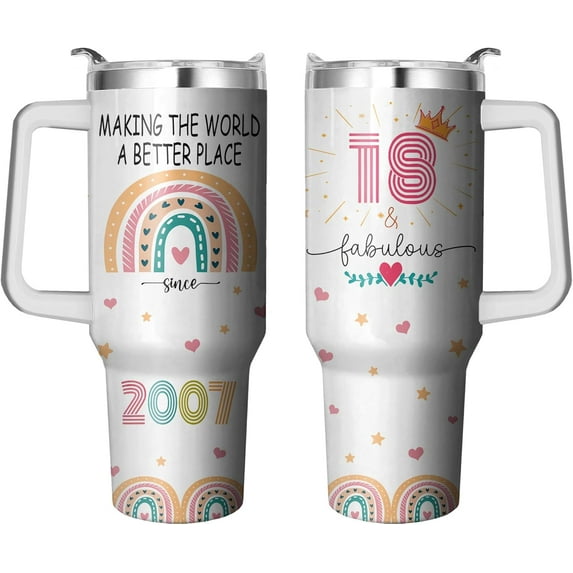 18th Birthday Stainless Steel Tumbler with Handle & Straw, Birthday Gifts Cup 40 Oz, 18 Year Old Birthday Gifts for Girls, 18th Birthday Decorations for Girls, Happy 18th Birthday Gifts for Girls
