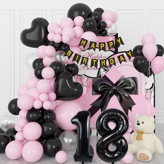 18th Black and Pink Birthday Balloons, 18 Years Birthday Decoration for Girl, Happy Birthday Banner for Women Party Birthday