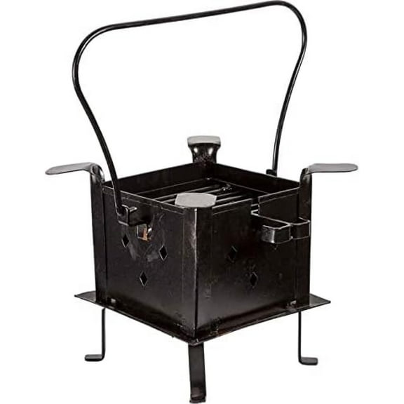 18th Century Hand Forged Iron Brazier - 8" x 8" Wide x 10" High - 9 lbs Capacity - Uncoated Finish - Black - No Lid - Includes Handle, Grill Top, Coal Tray, Legs