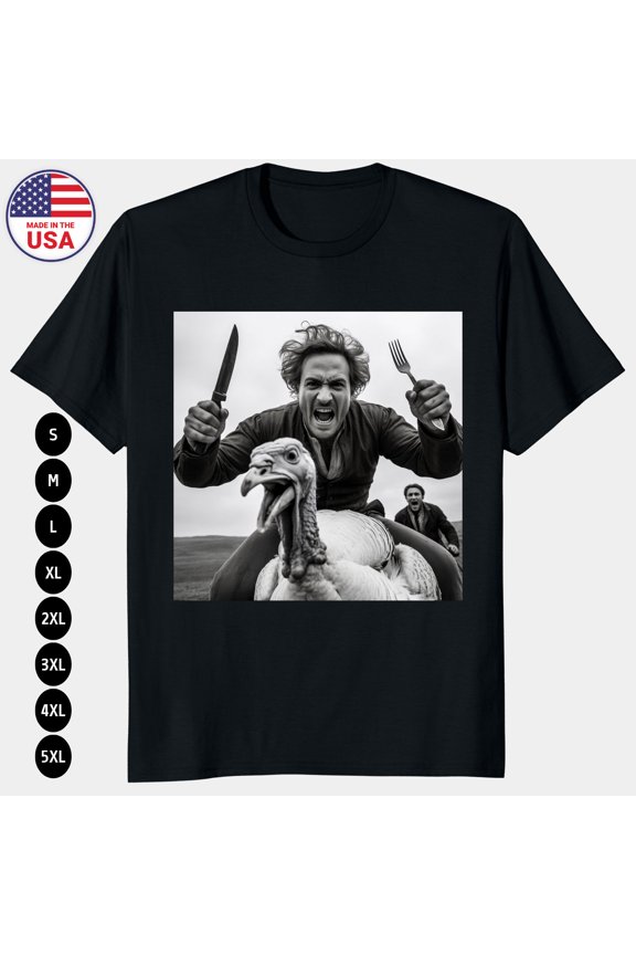 18th Century Man Chasing Turkey Funny Greyscale Scared Turkey Cartoon T-Shirt