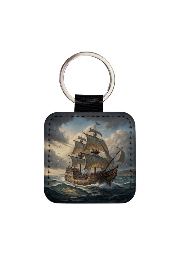 18th Century Privateer Sailing Ship At Sea Age of Sail Faux Leather Square Keychain