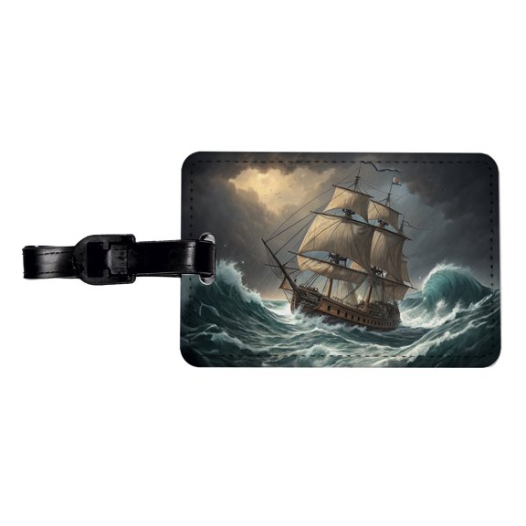 18th Century Sailing Ship Frigate In A Stormy Sea Faux Leather Travel Luggage Tag