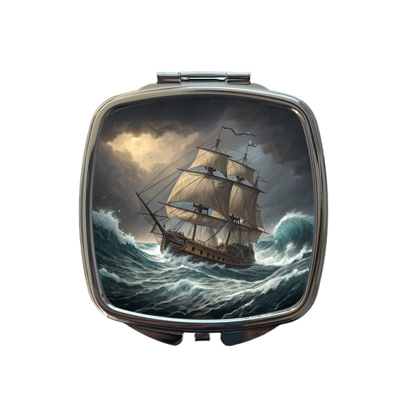 18th Century Sailing Ship Frigate In A Stormy Sea Travel Makeup Handbag Purse Small Pocket Compact Mirror