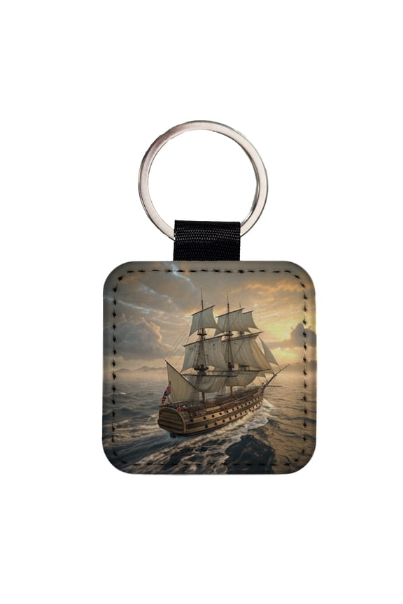 18th Century Warship Ship Of The Line At Sea Faux Leather Square Keychain