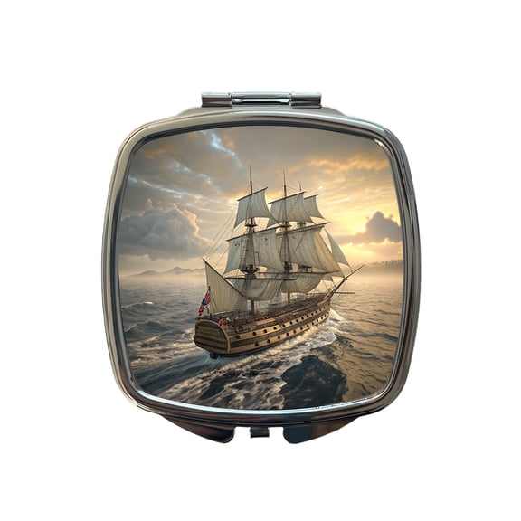 18th Century Warship Ship Of The Line At Sea Travel Makeup Handbag Purse Small Pocket Compact Mirror