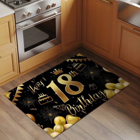 18th Happy 2x3 Rug for Entryway Front Door Kitchen Sink Area, Birthday Gold Cake Crown Gift Balloon Low Pile Washable Non Slip Rectangle Area Rug