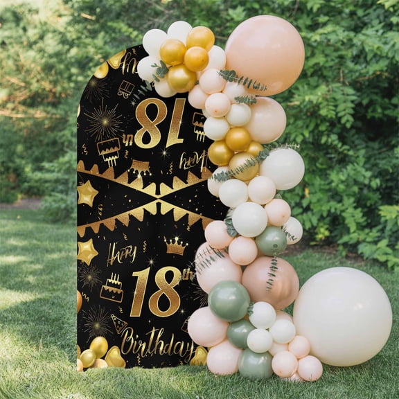 18th Happy Arch Backdrop Cover 5 FT, Birthday Gold Cake Crown Gift Balloon Wedding Arch Cover Stretchy Backdrop Stands Covers for Birthday Party Ceremony Banquet Decor